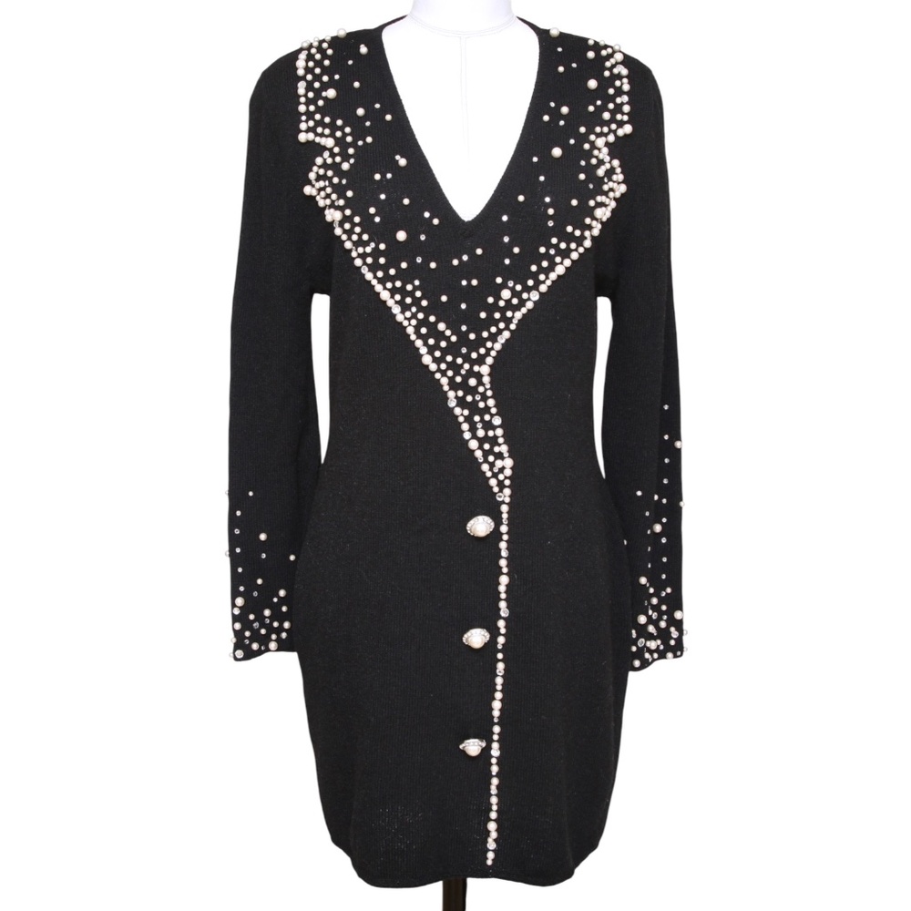 ELIZABETH New York Black Sweater Dress Pearls Sequins V Neck Long Sleeve Sz M